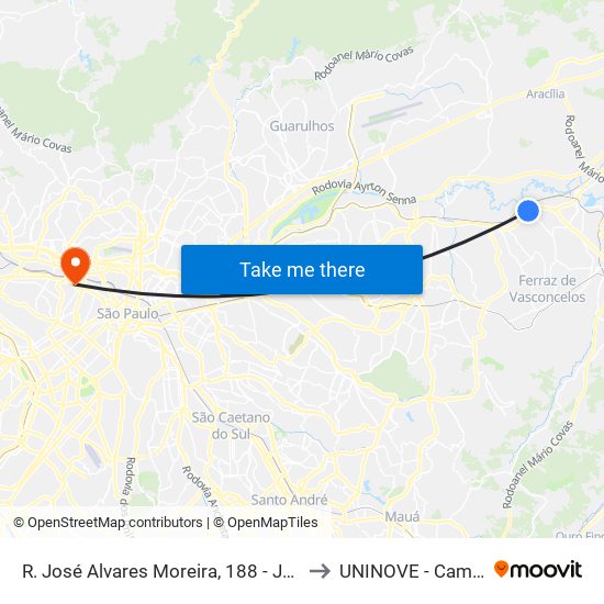 R. José Alvares Moreira, 188 - Jardim Romano, São Paulo to UNINOVE - Campus Memorial map