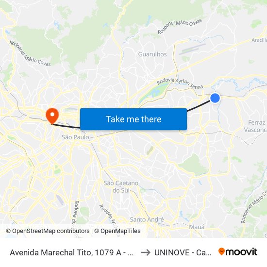 Avenida Marechal Tito, 1079 A - São Miguel Paulista, São Paulo to UNINOVE - Campus Memorial map