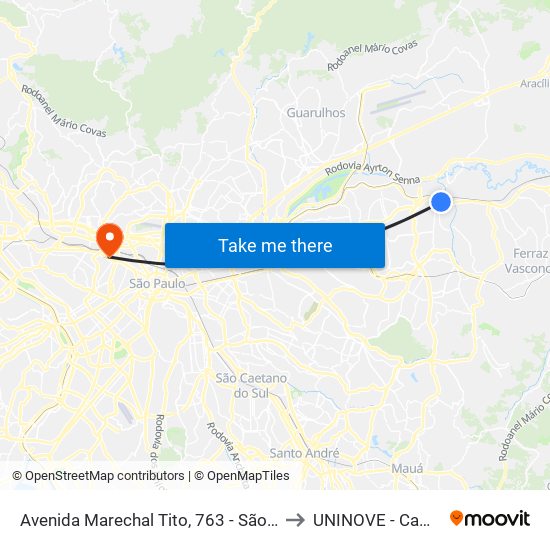 Avenida Marechal Tito, 763 - São Miguel Paulista, São Paulo to UNINOVE - Campus Memorial map