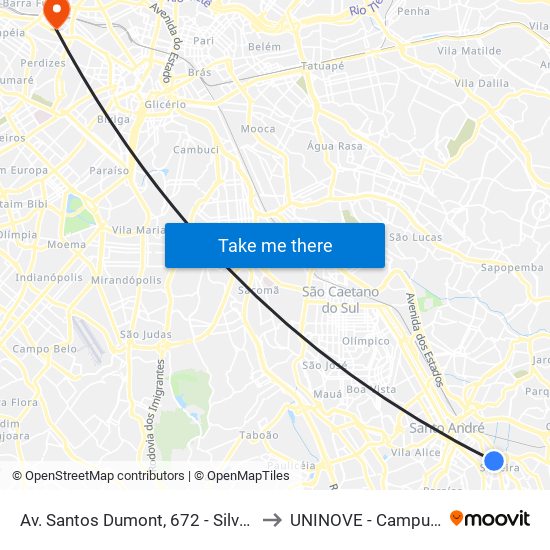 Av. Santos Dumont, 672 - Silveira, Santo André to UNINOVE - Campus Memorial map