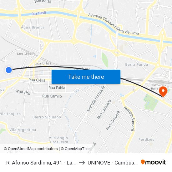 R. Afonso Sardinha, 491 - Lapa, São Paulo to UNINOVE - Campus Memorial map