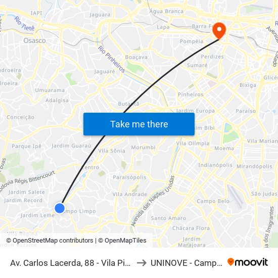 Av. Carlos Lacerda, 88 - Vila Pirajussara, São Paulo to UNINOVE - Campus Memorial map