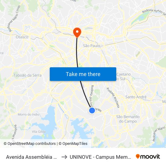 Avenida Assembléia 629 to UNINOVE - Campus Memorial map