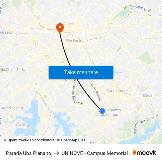 Parada Ubs Planalto to UNINOVE - Campus Memorial map