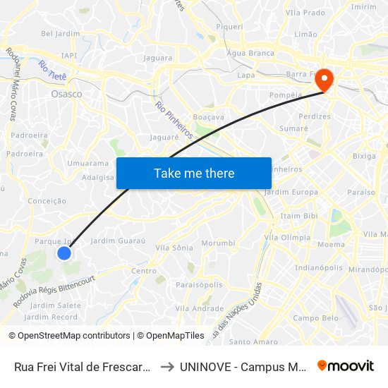 Rua Frei Vital de Frescarolo 292 to UNINOVE - Campus Memorial map