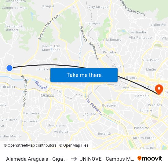 Alameda Araguaia - Giga Atacado to UNINOVE - Campus Memorial map