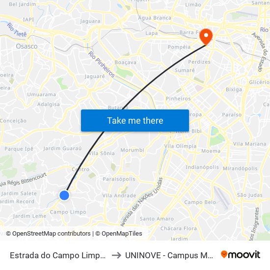 Estrada do Campo Limpo, 4426 to UNINOVE - Campus Memorial map