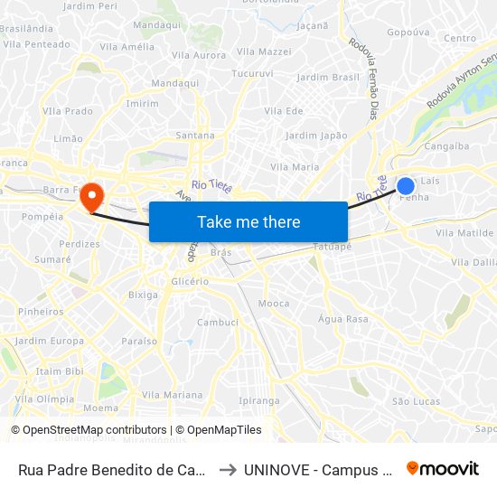 Rua Padre Benedito de Camargo 884 to UNINOVE - Campus Memorial map