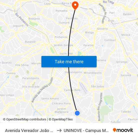 Avenida Vereador João de Luca to UNINOVE - Campus Memorial map