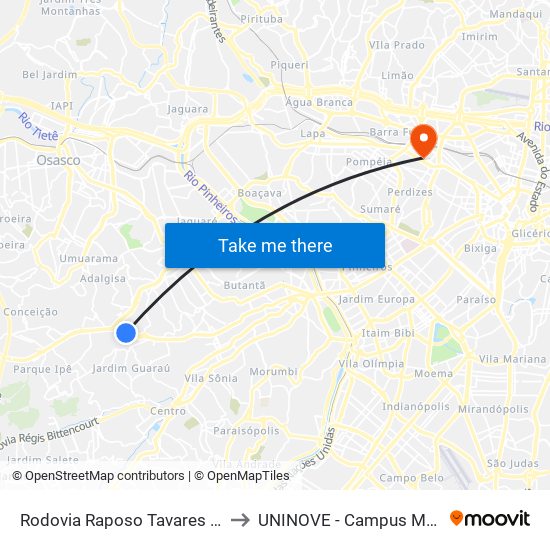 Rodovia Raposo Tavares - Km 16 to UNINOVE - Campus Memorial map