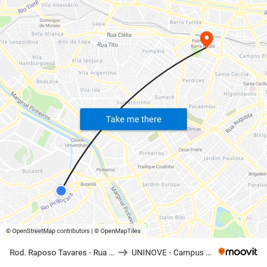 Rod. Raposo Tavares - Rua Esplanada to UNINOVE - Campus Memorial map