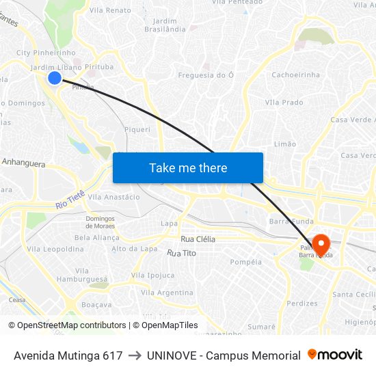 Avenida Mutinga 617 to UNINOVE - Campus Memorial map