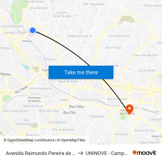 Avenida Raimundo Pereira de Magalhães 5440 to UNINOVE - Campus Memorial map
