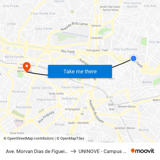 Ave. Morvan Dias de Figueiredo 2801 to UNINOVE - Campus Memorial map