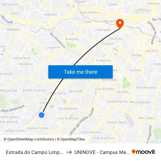 Estrada do Campo Limpo 5322 to UNINOVE - Campus Memorial map