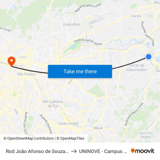 Rod João Afonso de Souza Castellano to UNINOVE - Campus Memorial map