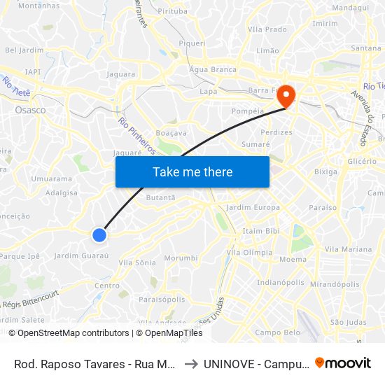 Rod. Raposo Tavares - Rua Mal. Morais Ancora to UNINOVE - Campus Memorial map