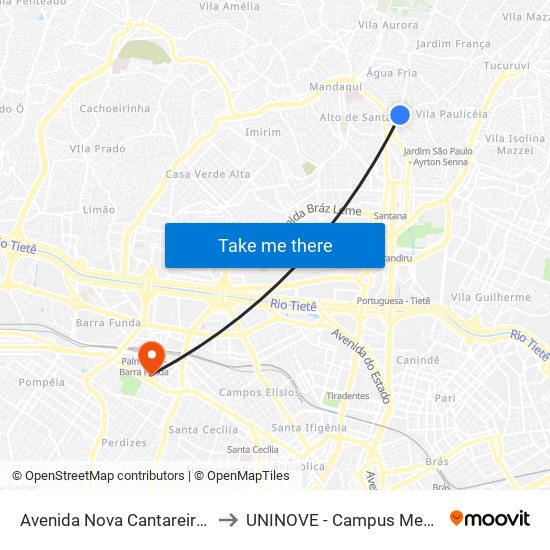 Avenida Nova Cantareira 100 to UNINOVE - Campus Memorial map