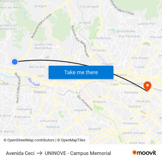 Avenida Ceci to UNINOVE - Campus Memorial map