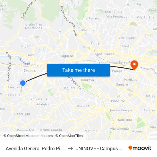 Avenida General Pedro Pinho 1457 to UNINOVE - Campus Memorial map