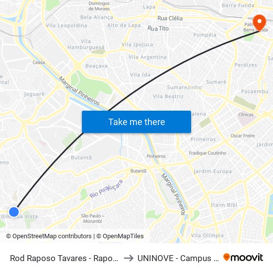 Rod Raposo Tavares - Raposo Shopping to UNINOVE - Campus Memorial map