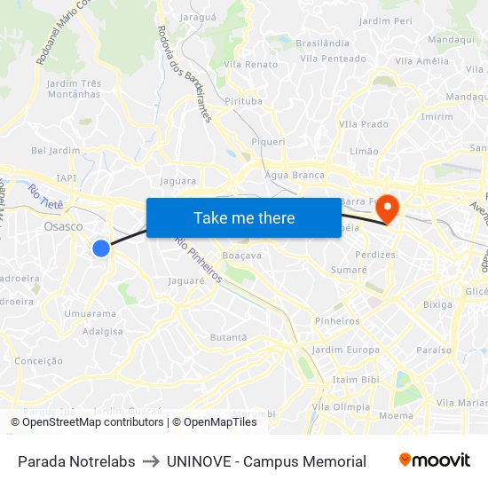 Parada Notrelabs to UNINOVE - Campus Memorial map