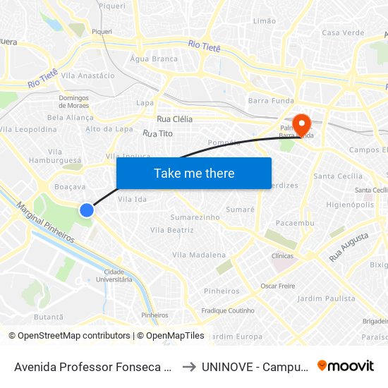 Avenida Professor Fonseca Rodrigues 1165 to UNINOVE - Campus Memorial map