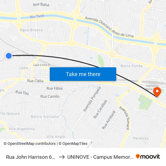 Rua John Harrison 631 to UNINOVE - Campus Memorial map