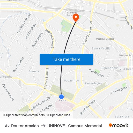 Av. Doutor Arnaldo to UNINOVE - Campus Memorial map