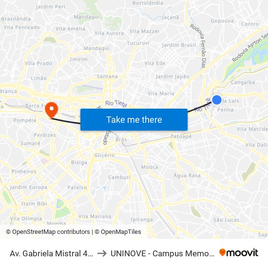 Av. Gabriela Mistral 419 to UNINOVE - Campus Memorial map