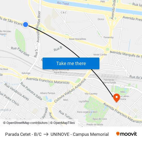 Parada Cetet - B/C to UNINOVE - Campus Memorial map