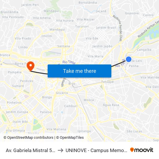 Av. Gabriela Mistral 500 to UNINOVE - Campus Memorial map