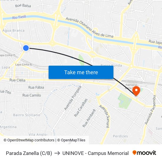 Parada Zanella (C/B) to UNINOVE - Campus Memorial map