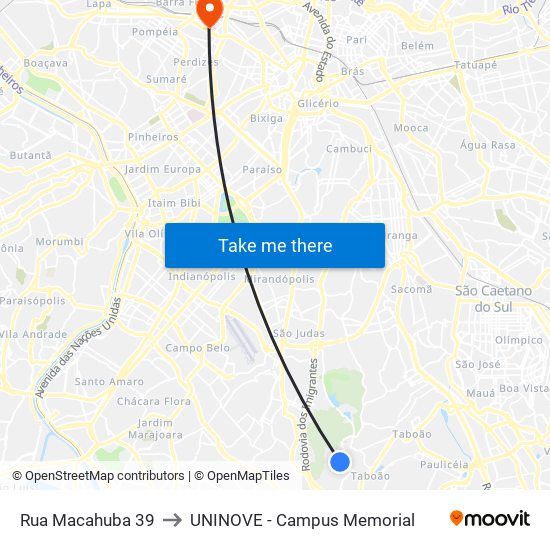 Rua Macahuba 39 to UNINOVE - Campus Memorial map