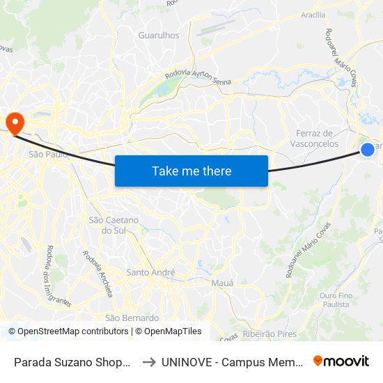 Parada Suzano Shopping to UNINOVE - Campus Memorial map