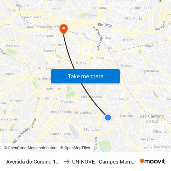 Avenida do Cursino 1252 to UNINOVE - Campus Memorial map