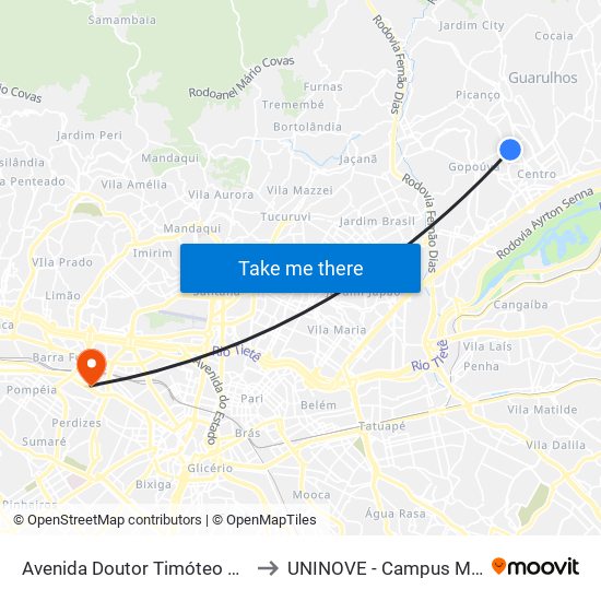 Avenida Doutor Timóteo Penteado to UNINOVE - Campus Memorial map