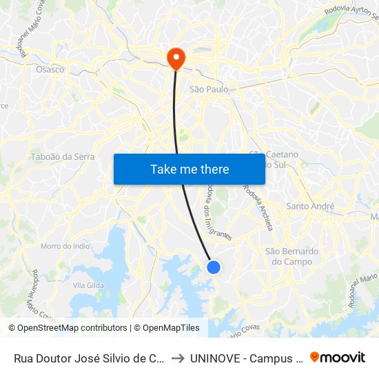 Rua Doutor José Silvio de Camargo 539 to UNINOVE - Campus Memorial map