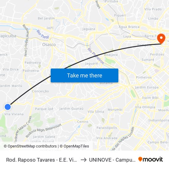 Rod. Raposo Tavares - E.E. Vinicius de Moraes to UNINOVE - Campus Memorial map