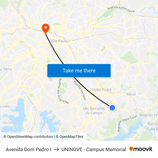 Avenida Dom Pedro I to UNINOVE - Campus Memorial map
