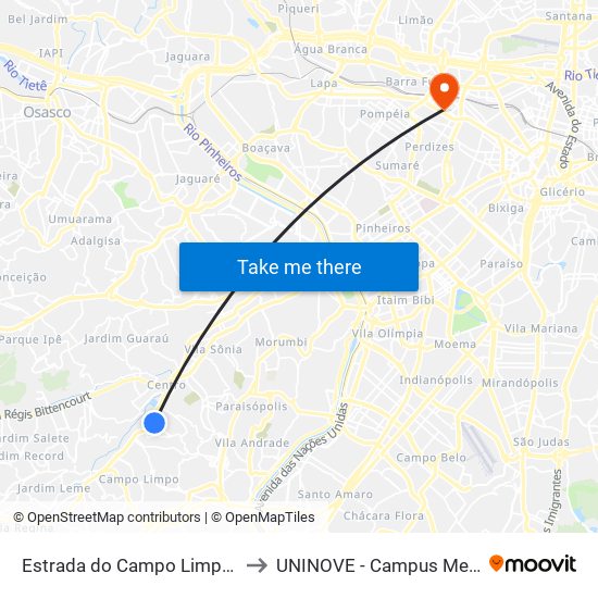 Estrada do Campo Limpo 5554 to UNINOVE - Campus Memorial map