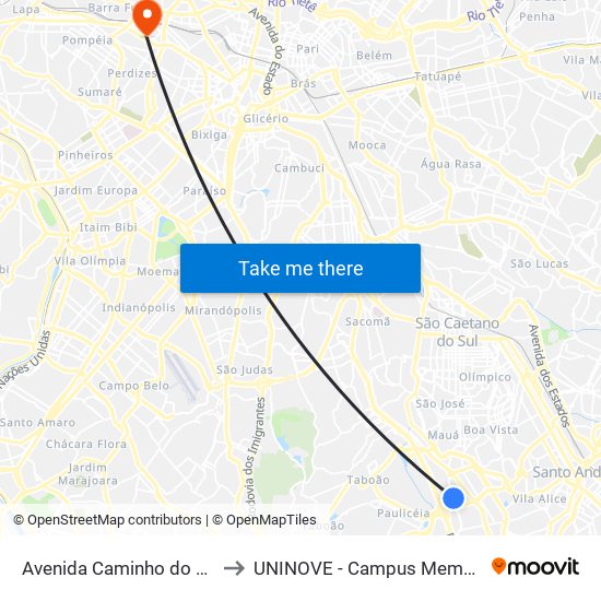 Avenida Caminho do Mar to UNINOVE - Campus Memorial map