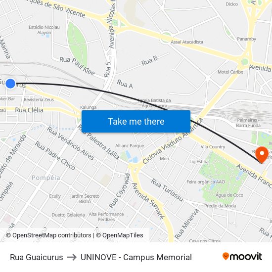 Rua Guaicurus to UNINOVE - Campus Memorial map