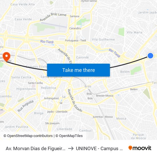 Av. Morvan Dias de Figueiredo 5631 to UNINOVE - Campus Memorial map