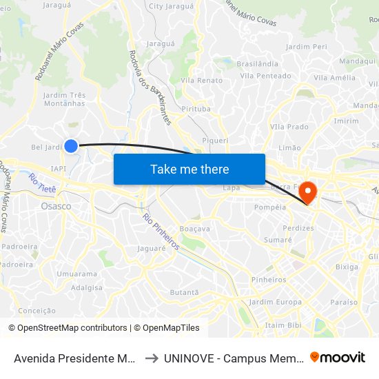 Avenida Presidente Médici to UNINOVE - Campus Memorial map