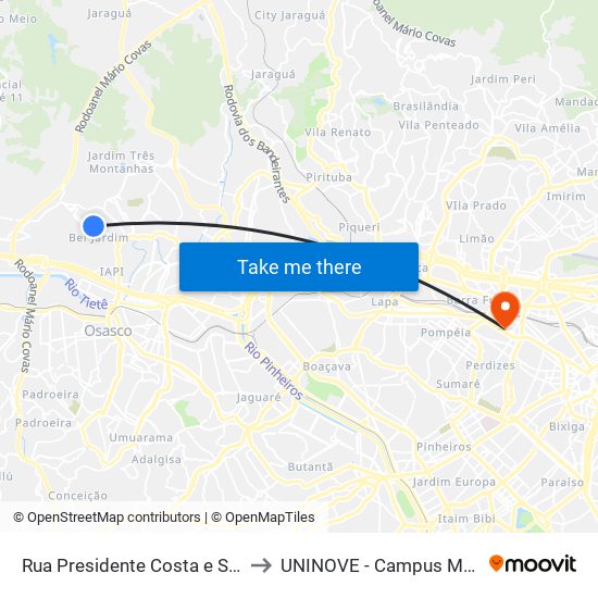 Rua Presidente Costa e Silva 930 to UNINOVE - Campus Memorial map