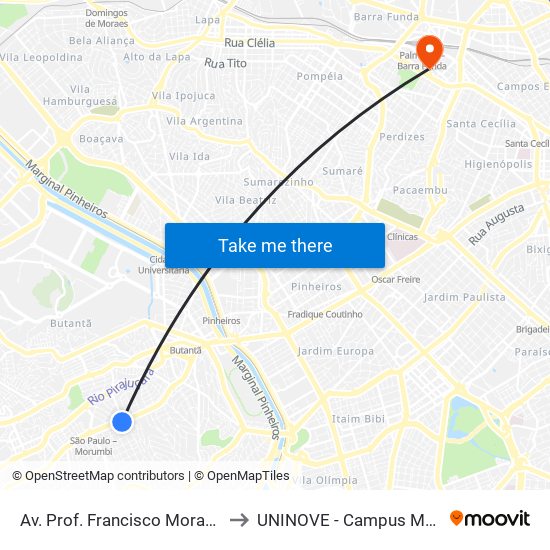 Av. Prof. Francisco Morato 2100 to UNINOVE - Campus Memorial map