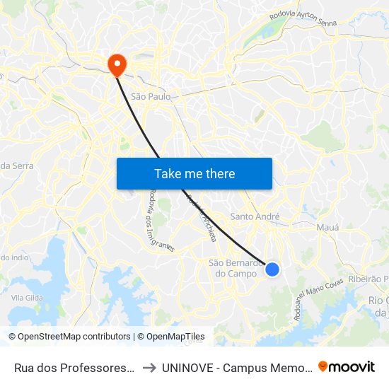 Rua dos Professores 16 to UNINOVE - Campus Memorial map