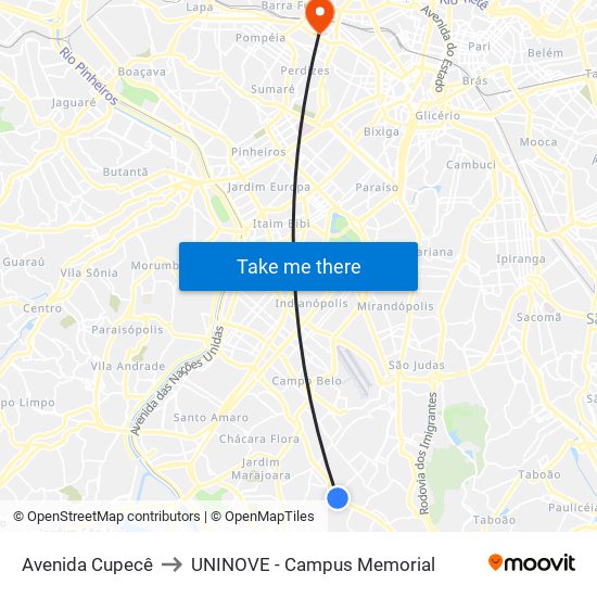 Avenida Cupecê to UNINOVE - Campus Memorial map