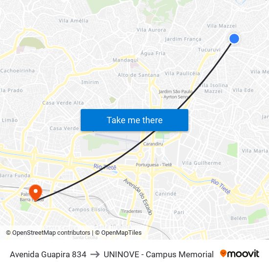 Avenida Guapira 834 to UNINOVE - Campus Memorial map